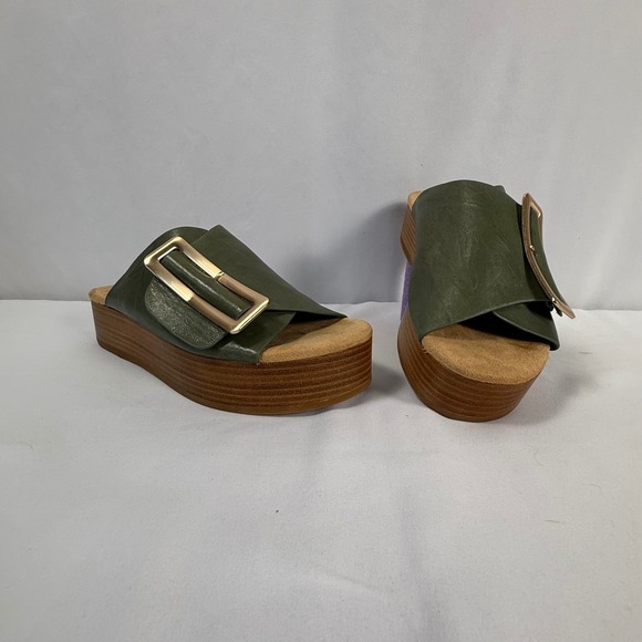 Kelsi Dagger Brooklyn Olive Green Leather Platform Slides Gold Buckle Womens 9.5